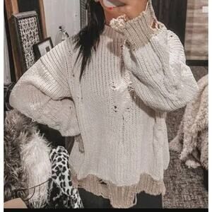 Umgee Cream and Tan Distressed Sweater